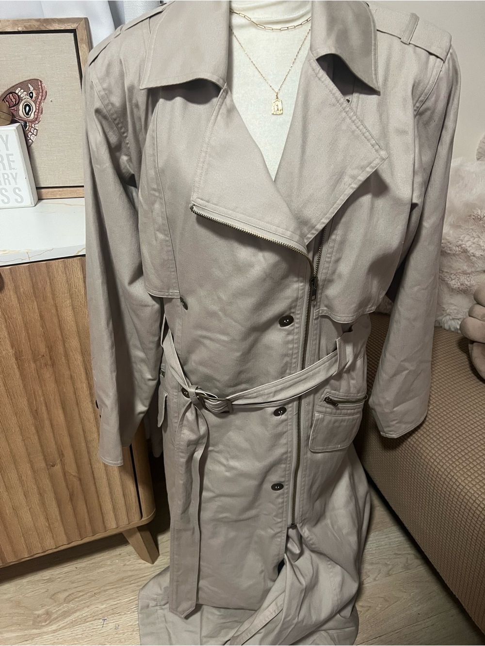 Vintage TOGETHER! Asymmetric Zipper Trench Coat - Khaki / Tan - Petite 2 Classic